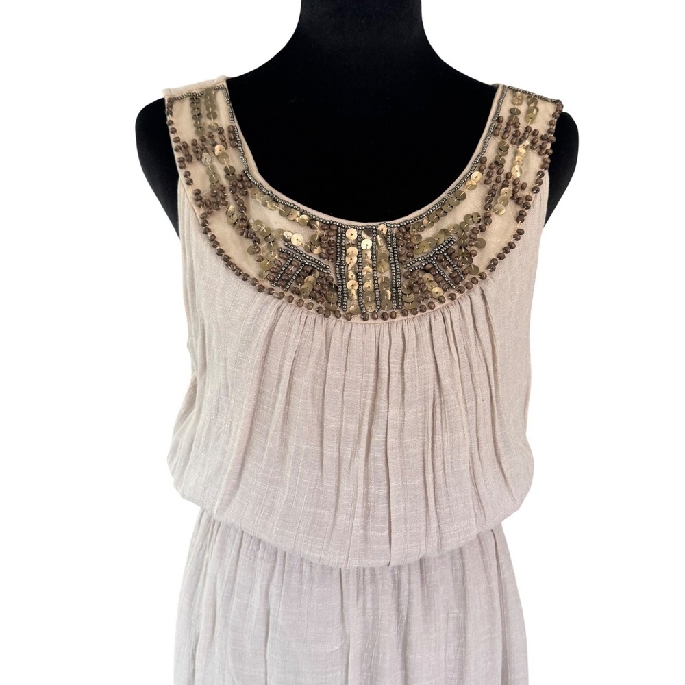 Womens L-XL Taupe Beaded Sequin Neckline Sleeveless Maxi Dress Cowl Back - Picture 4 of 10